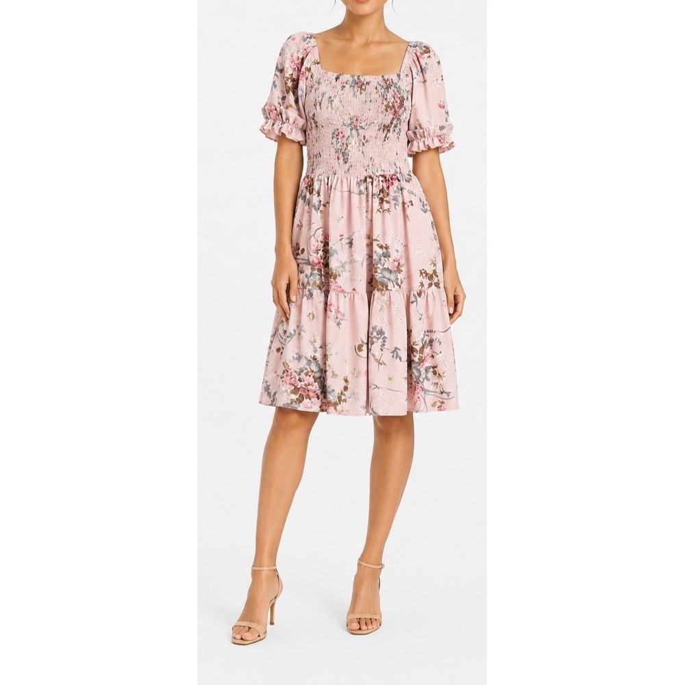 Size M Womens Floral Short Sleeve Ruched Short Ruffle Dress